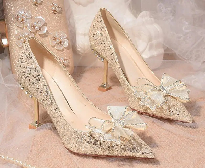 Luxury Shiny Champagne Gold High-heeled Women's Shoes Pointed Toe Designer Heels Ladies Sexy Bridal Wedding Gowns Shoe