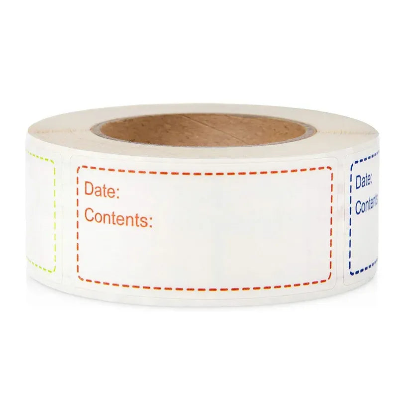 Roll of date and contents labels with multicolor dashed border blocks