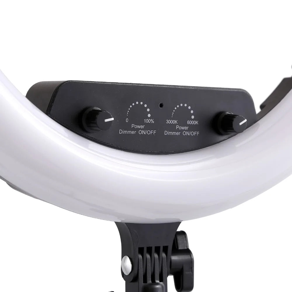 White LED ring light with black control panel, adjustable knobs for power and color temperature, and mounting bracket.