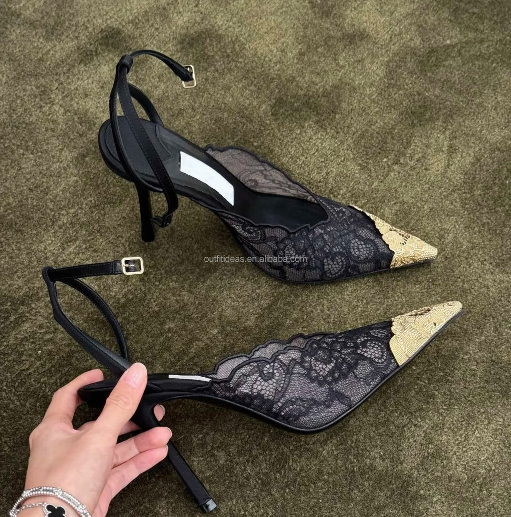 Metal Lace Embroidered Wedding Sexy Heels 100mm Lace Ankle Strap Black Strappy Sandal Sparkly Stiletto Prom Shoes Lace Pumps