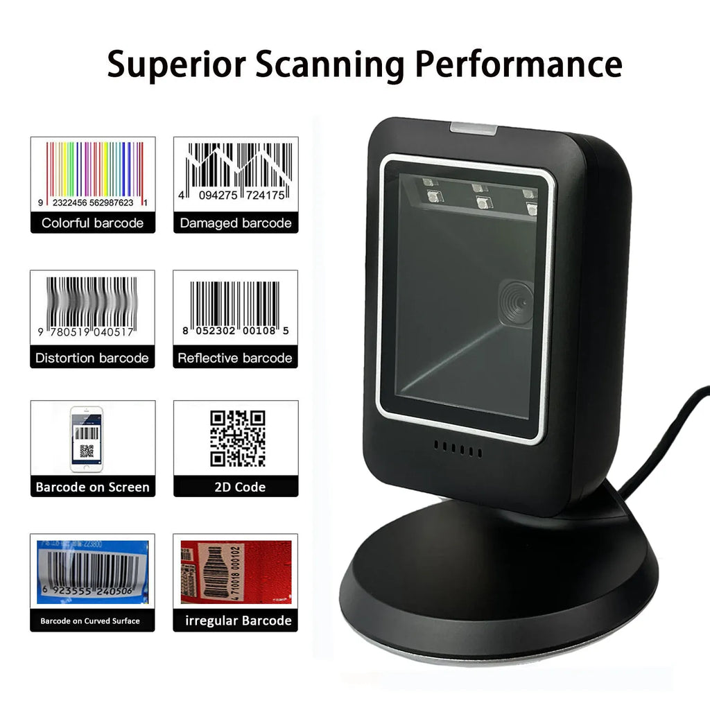 Black desktop 2D barcode scanner with front scanning window and round base stand