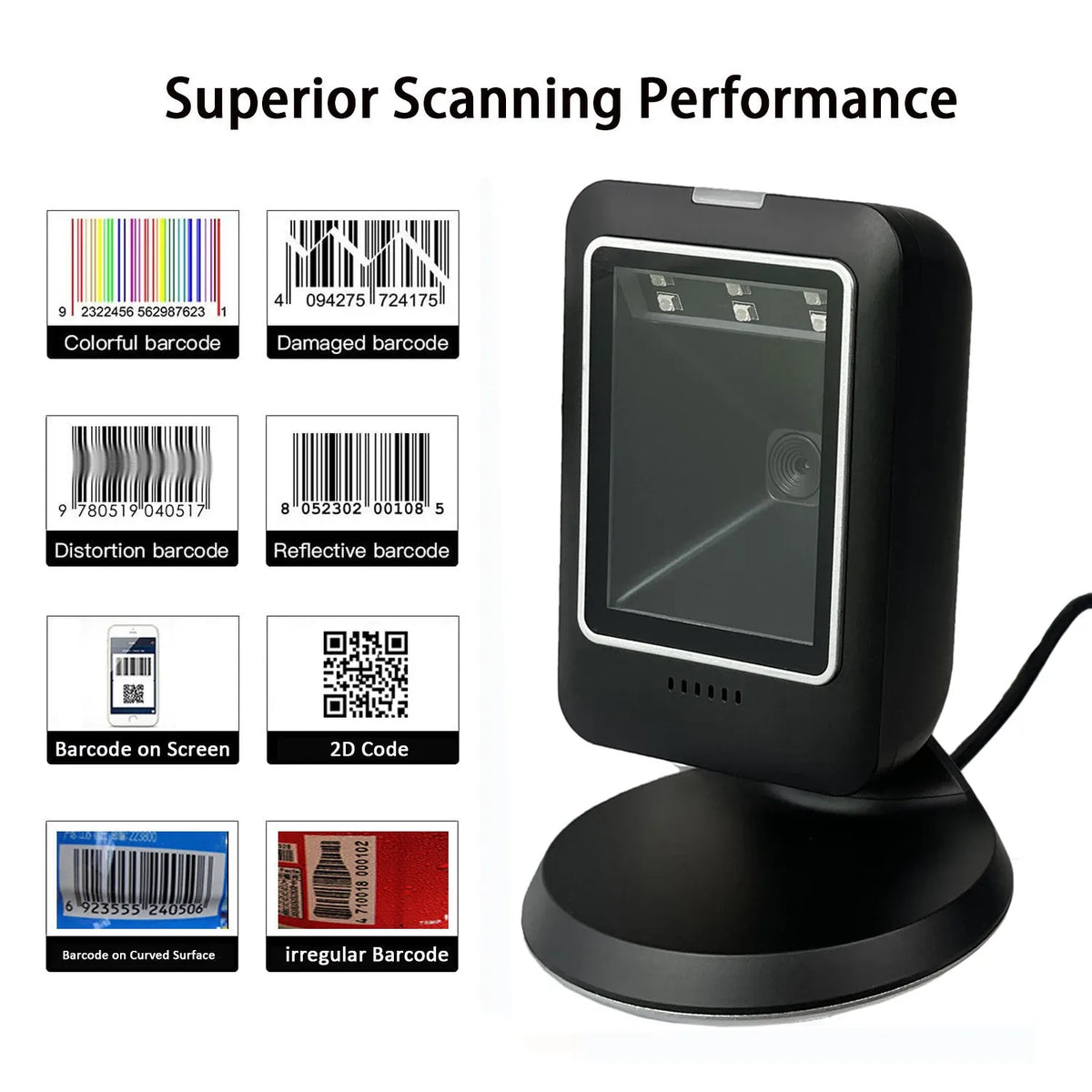 Black desktop 2D barcode scanner with front scanning window and round base stand