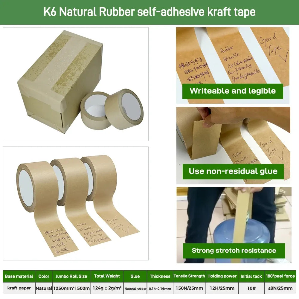 Natural self-adhesive kraft paper tape rolls with printed writing for shipping