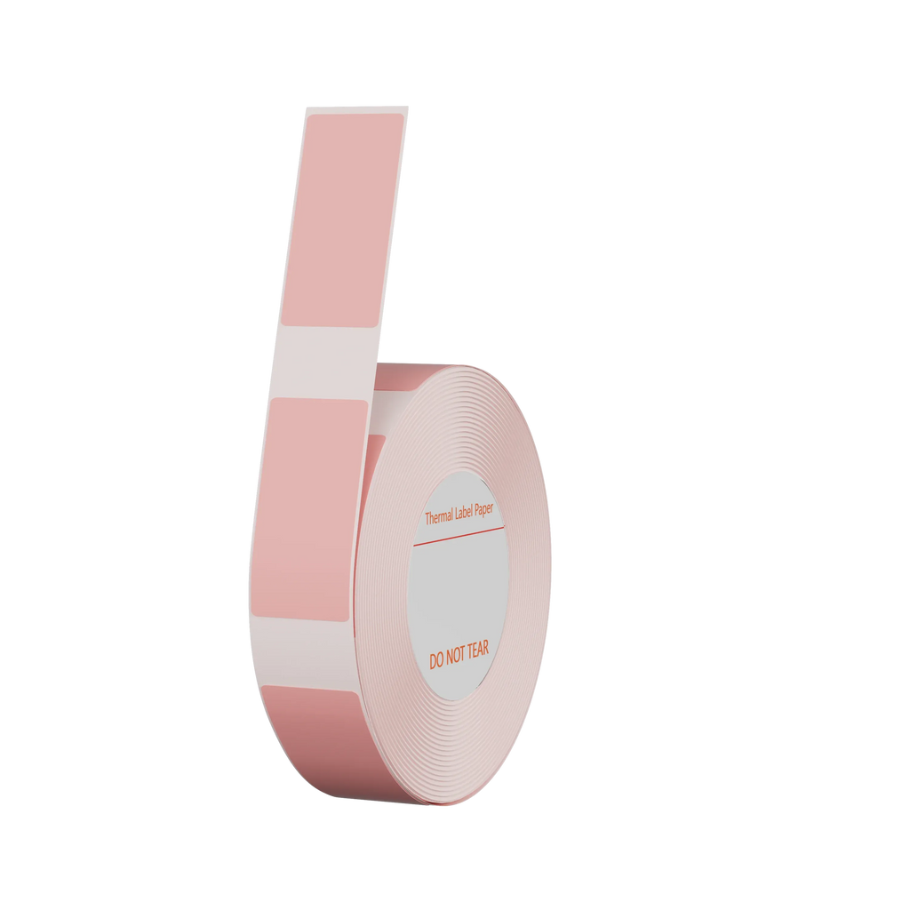 Pink thermal label sticker roll with a gray printed label and red “Do Not Tear” text
