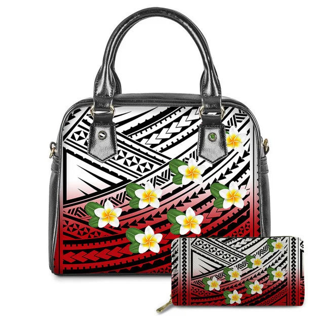Leather tote and wallet set featuring black, white, and red Polynesian tribal print with yellow plumeria flowers.