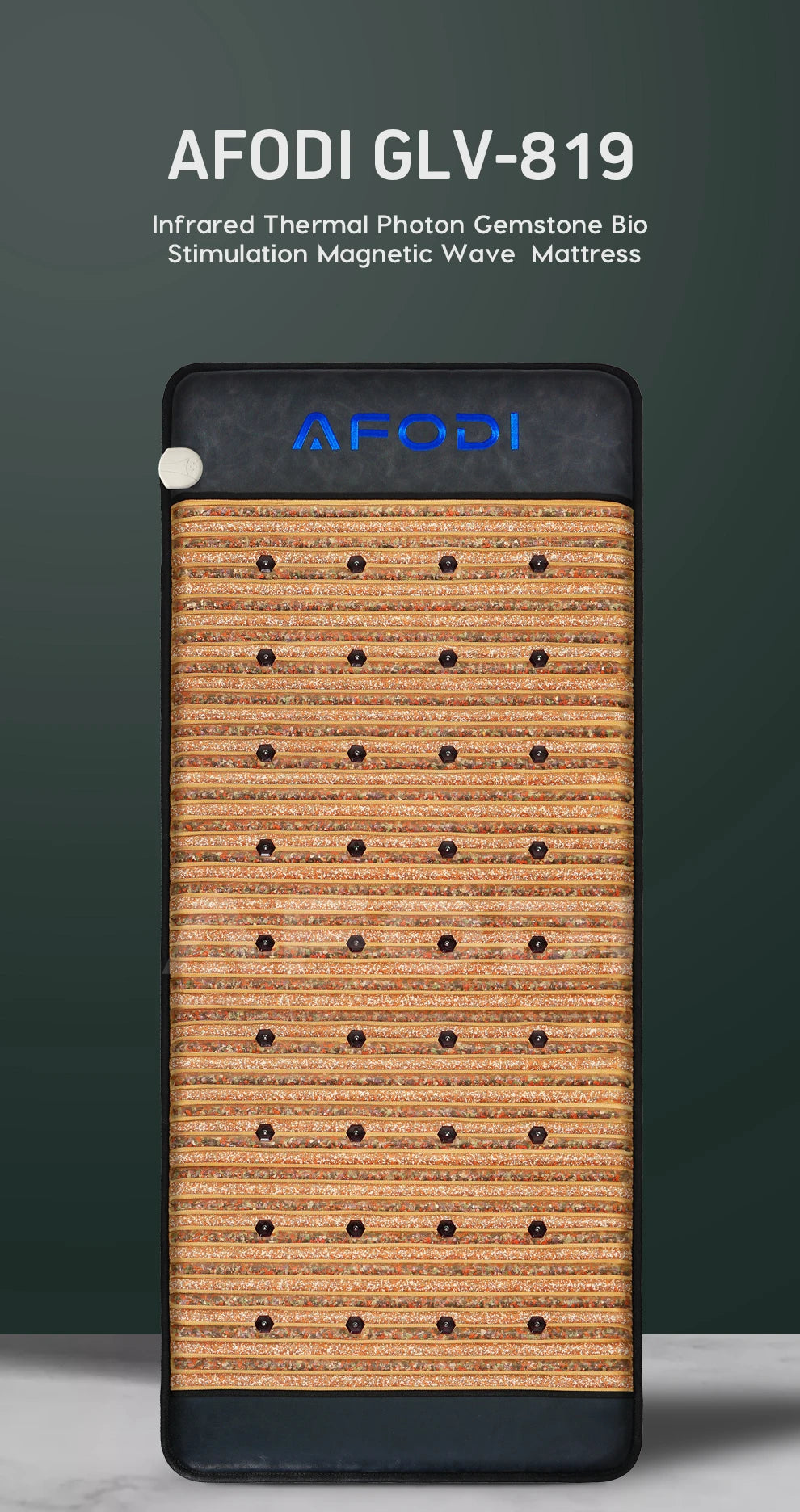 Rectangular infrared thermal gemstone wellness mat with embedded black magnetic discs and a dark border.