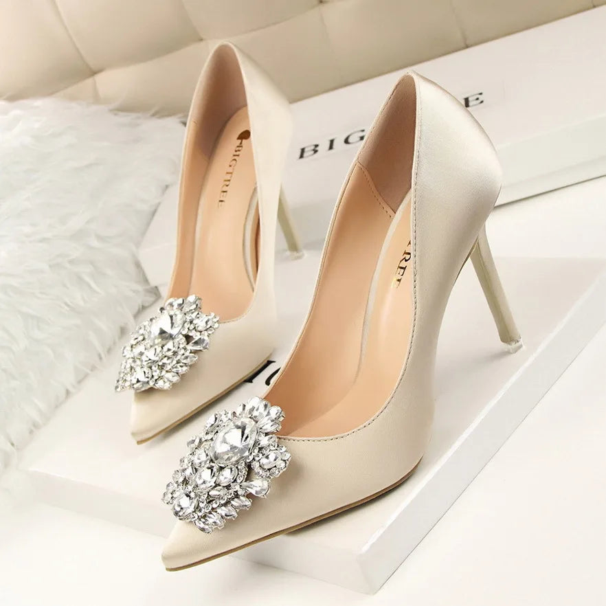 2026 New Water-Crystal Thin Heels Slip-On Solid Women's Sexy High Heel Office Formal Dress Shoes 10cm
