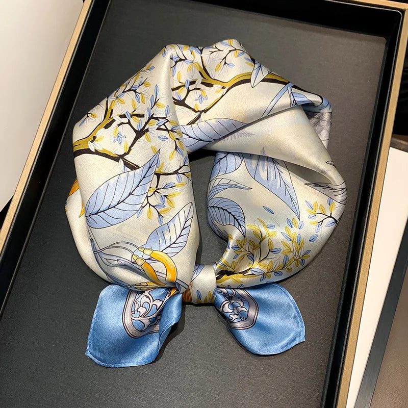 Women's Spring Autumn Mulberry Silk Square Scarf, Elegant Geometric Print, Soft & Smooth Neck Scarf