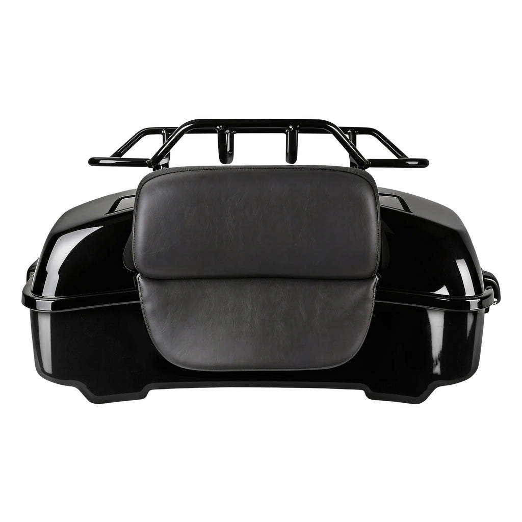 Glossy black motorcycle tour pack with passenger backrest and top luggage rack for Harley Touring 2014-2025.