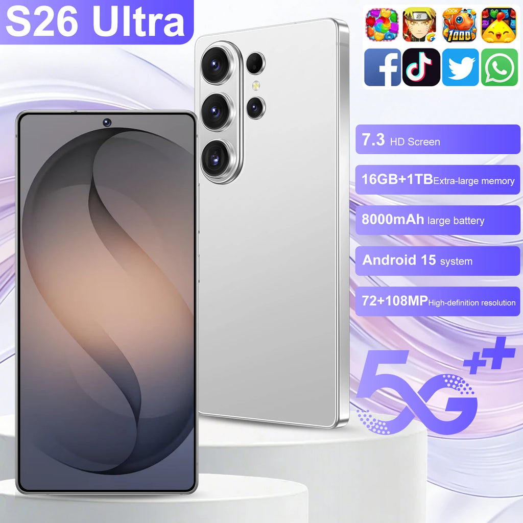 S26 Ultra 5G smartphone with 7.3 inch HD screen 16GB RAM 1TB storage and 108MP camera, silver profile view