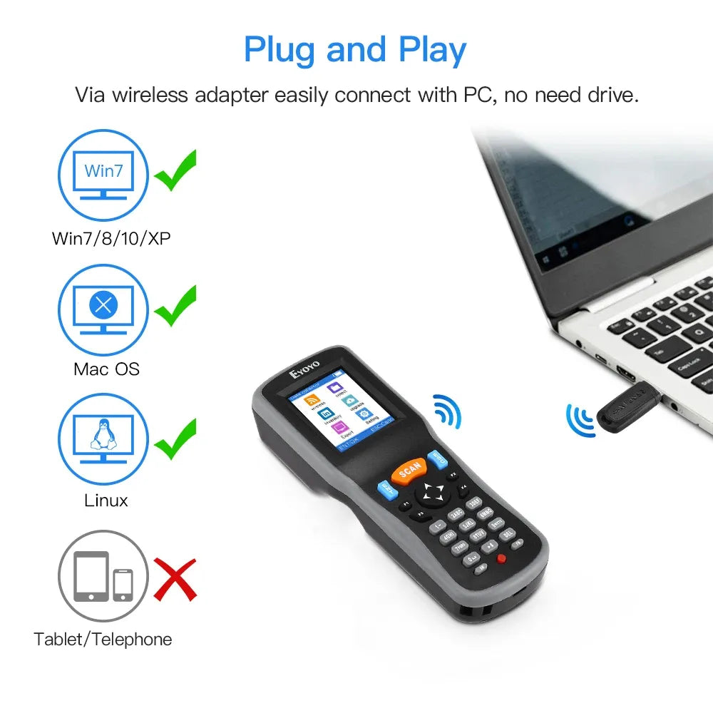 Wireless barcode scanner plug-and-play with USB adapter for PC connection