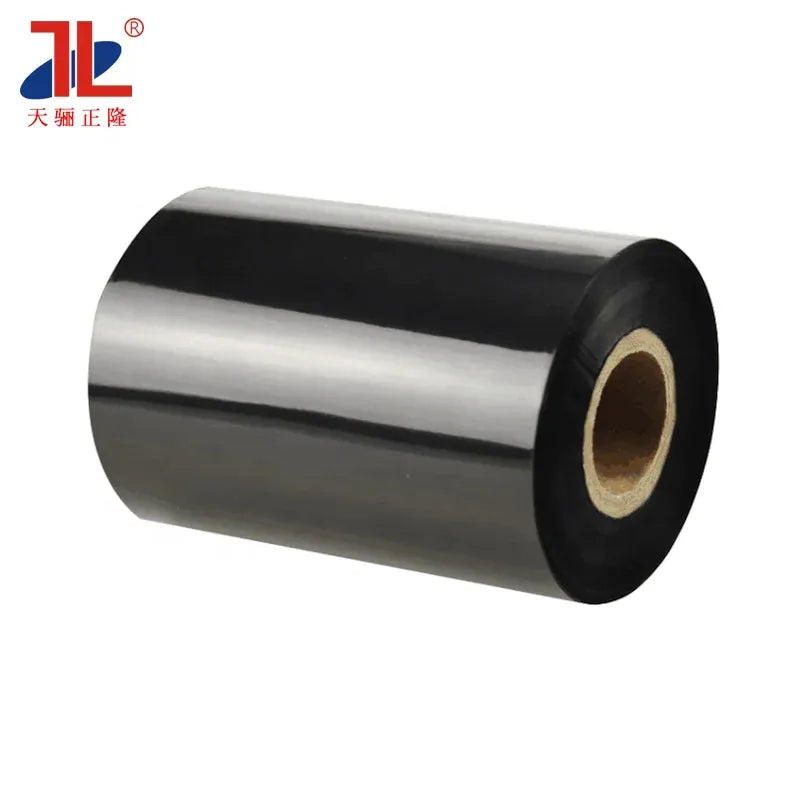 Black core wax thermal transfer barcode ribbon roll, compact close-up with inner cardboard core.