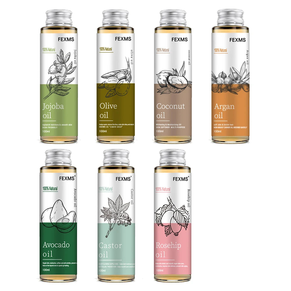 Set of FEXMS 100ml oil bottles with different labels, arranged in two rows