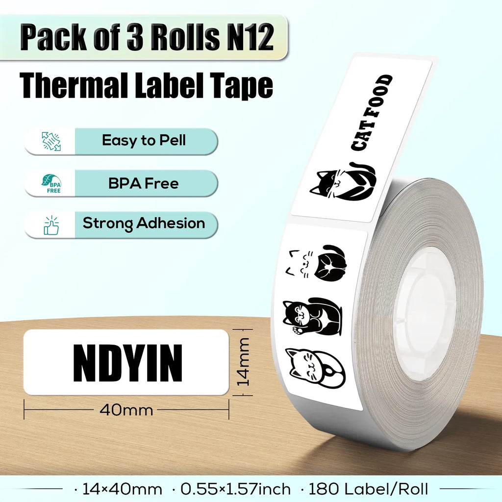 14x40mm thermal label tape roll with food icons and clear self-adhesive strip
