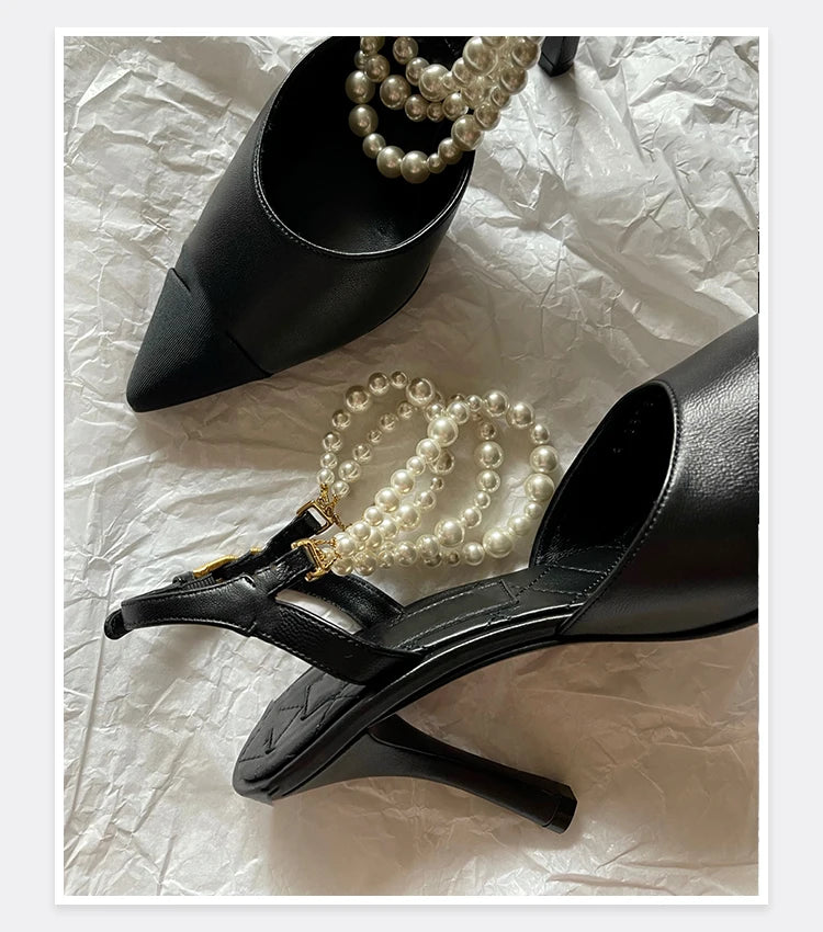 2026 Summer New Pointed High Heels Color Blocked Pearl Chain Toe Women's Sandals