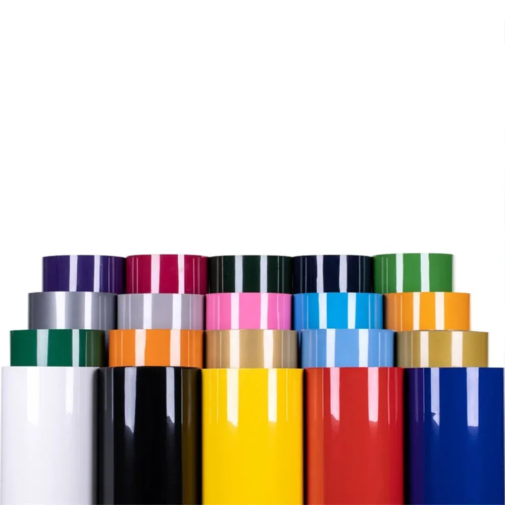Mixed-color glossy heat transfer vinyl rolls in glossy stacks, including black and red