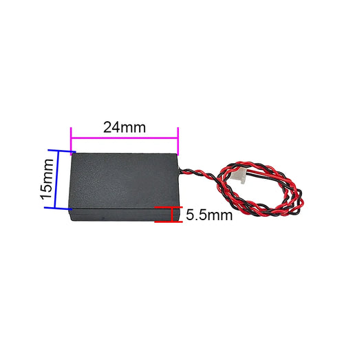 Black rectangular speaker module with red/black cable and white connector, side view.