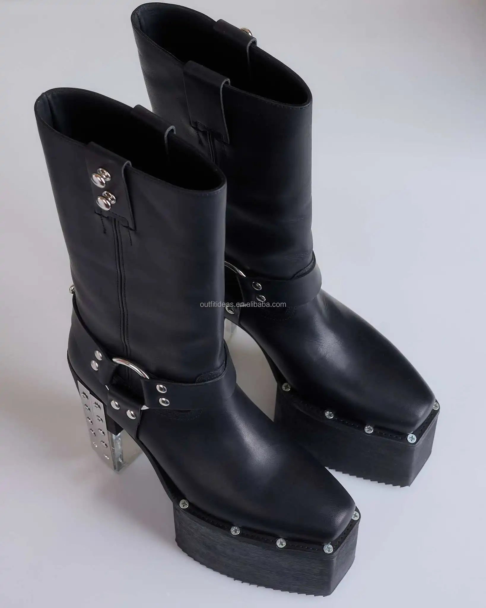 New With Box Unisex Men Cowboy Cow Leather Belt Wraps Metal Strips Transparent Clear Heel Runway LP Platform Ankle Boot for Men