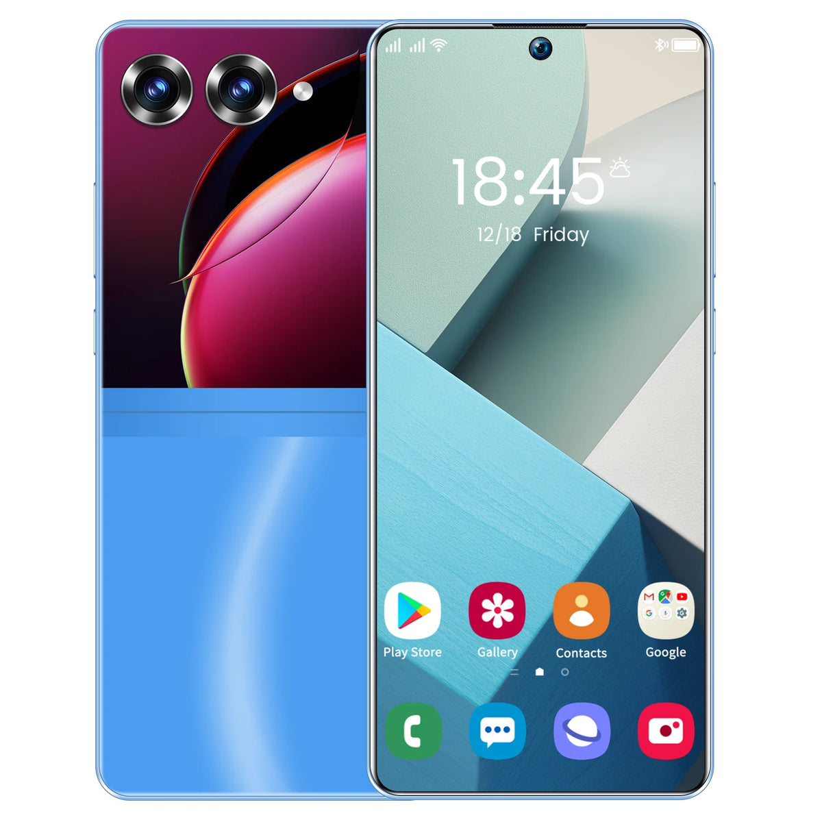 Unlocked smartphone with triple rear cameras and light blue front display