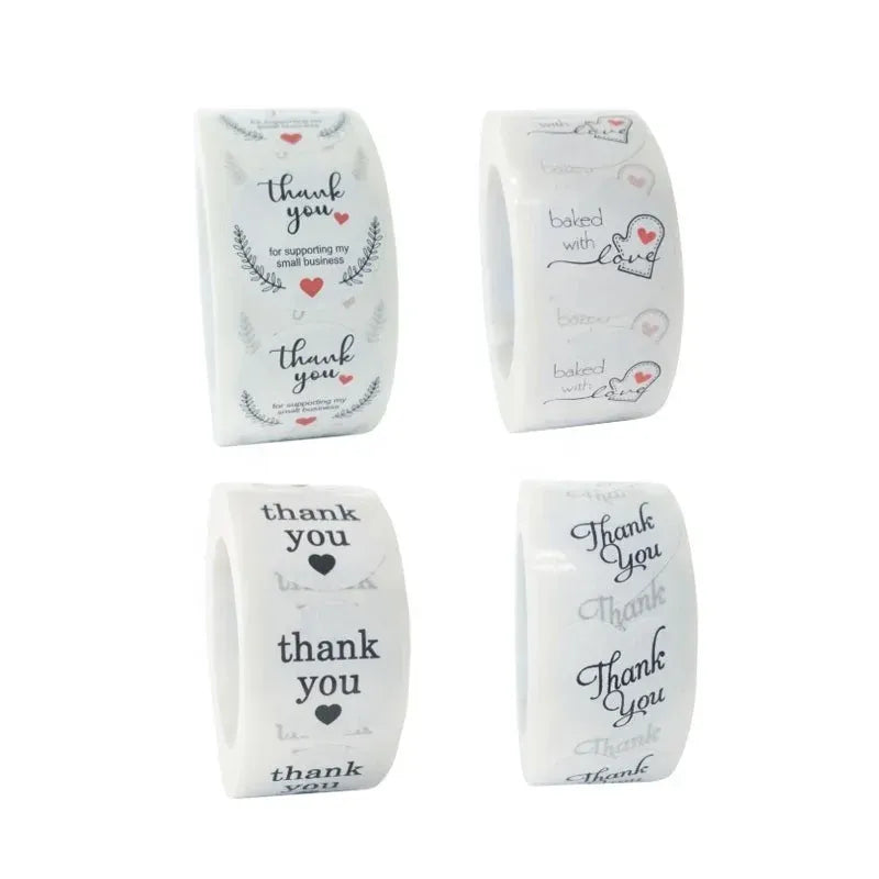 Thank-you sticker roll labels, white with blue wreath, hearts, and small-business text