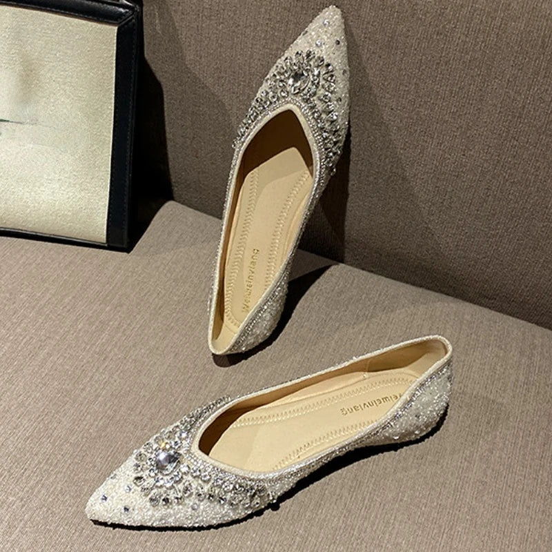 Luxury Diamond  Fashion  Loafers Women Pointed Toe Pumps Elegant Flat Dress Shoes for Ladies