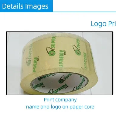 Cream tape roll showing printed company name and logo on paper core