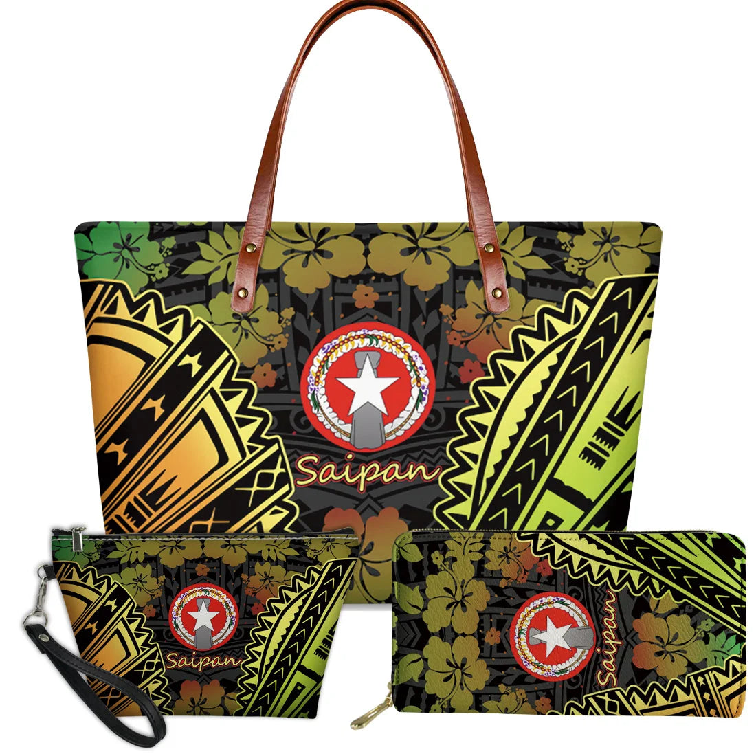 3-piece Saipan tribal handbag set, Polynesian turtle and floral print with brown leather handles and trunks motifs.