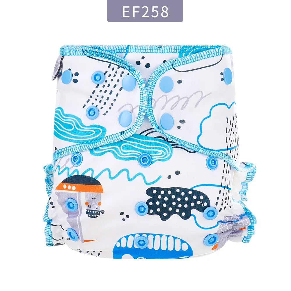 Reusable baby cloth diaper in white with blue abstract patterns and snap closures, style EF258.