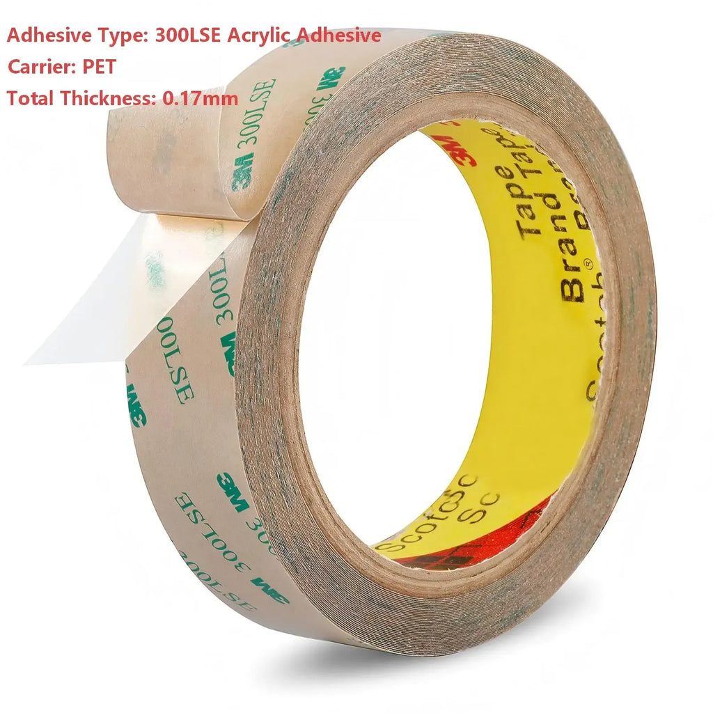 Roll of clear double-sided adhesive tape with yellow inner liner and PET backing