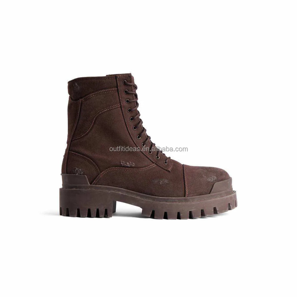 Extra Round Toe Distressed Men Leather Trendy Dress Shoes Unisex Women Strike 8 Eyelets Lace-up 20mm Black Calfskin Strike Boots