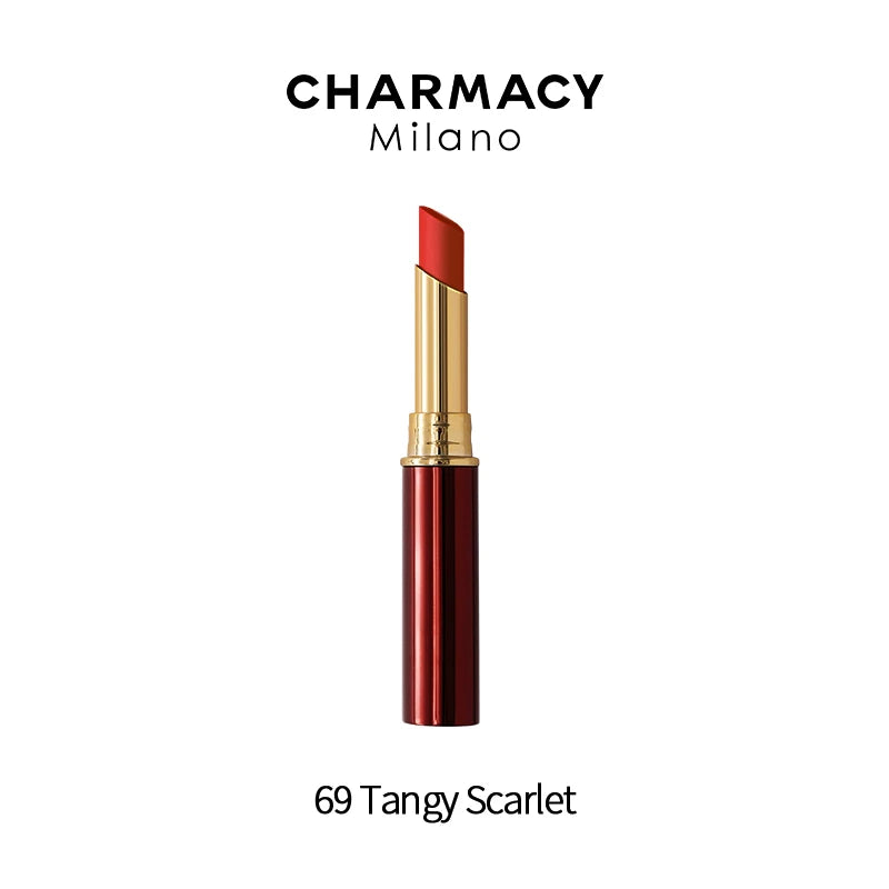 Charmacy Milano long-lasting velvet matte lipstick in Tangy Scarlet, a bold waterproof red lip makeup in gold tube.