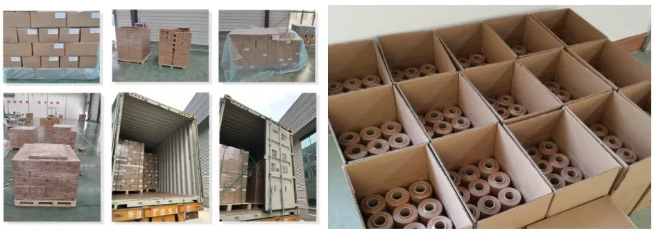 Warehouse storage with cardboard cartons and kraft paper rolls on racks