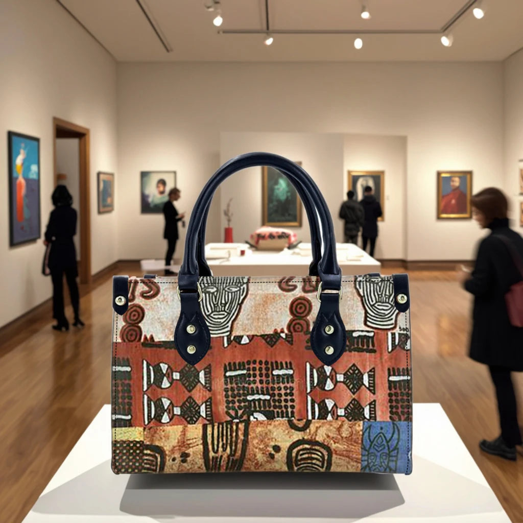 Fashionable trunk handbag with tribal print, PU leather, and navy handles displayed in a gallery.
