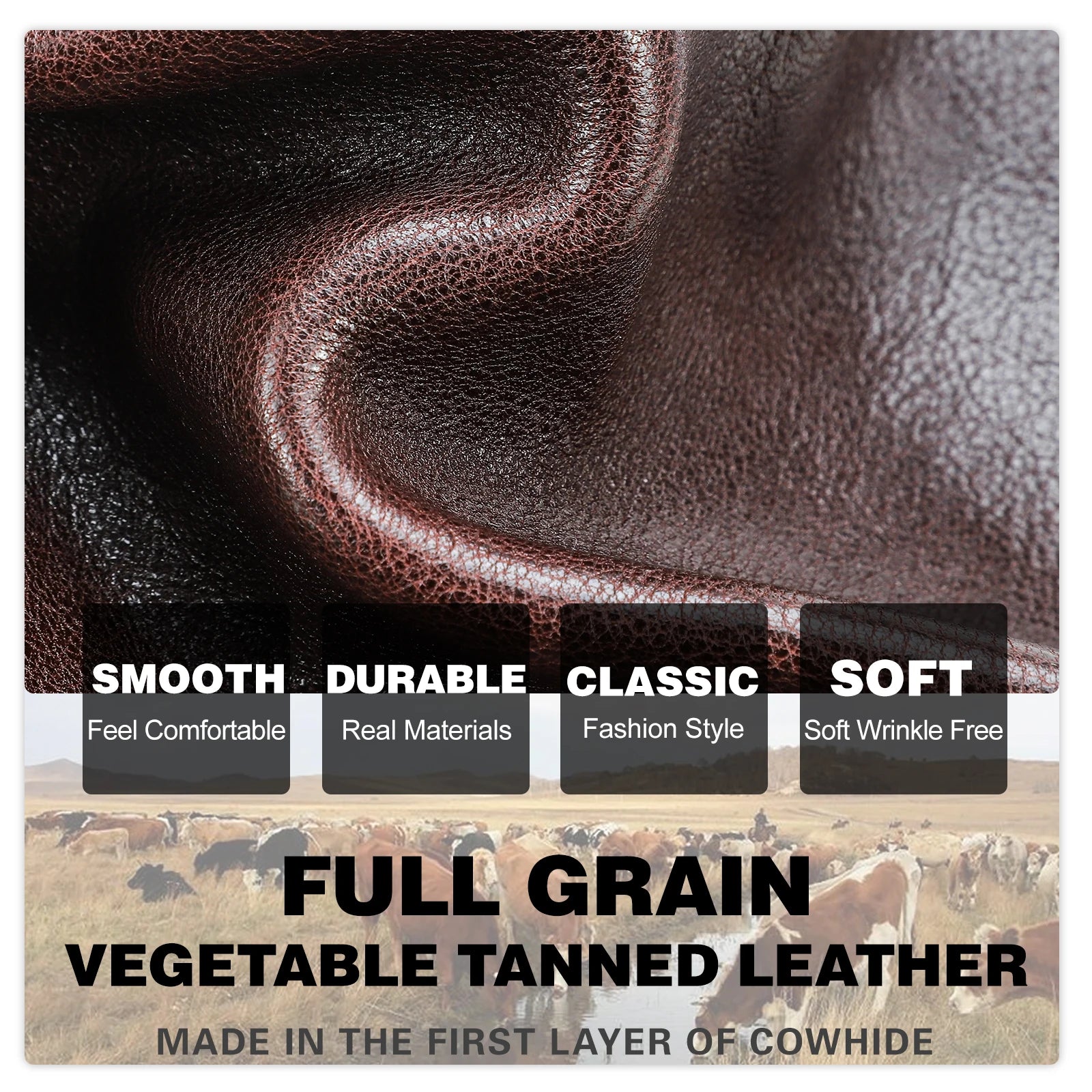 Close-up texture of dark brown, soft vegetable-tanned full grain cowhide leather for vintage designer handbags.