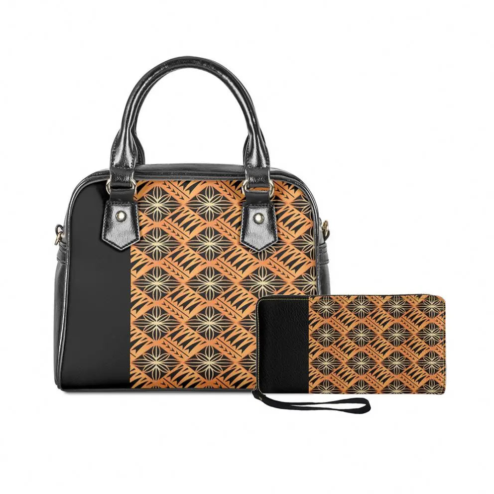 2-piece set: Black faux leather handbag and matching wallet with orange and gold Polynesian tribal monstera print.