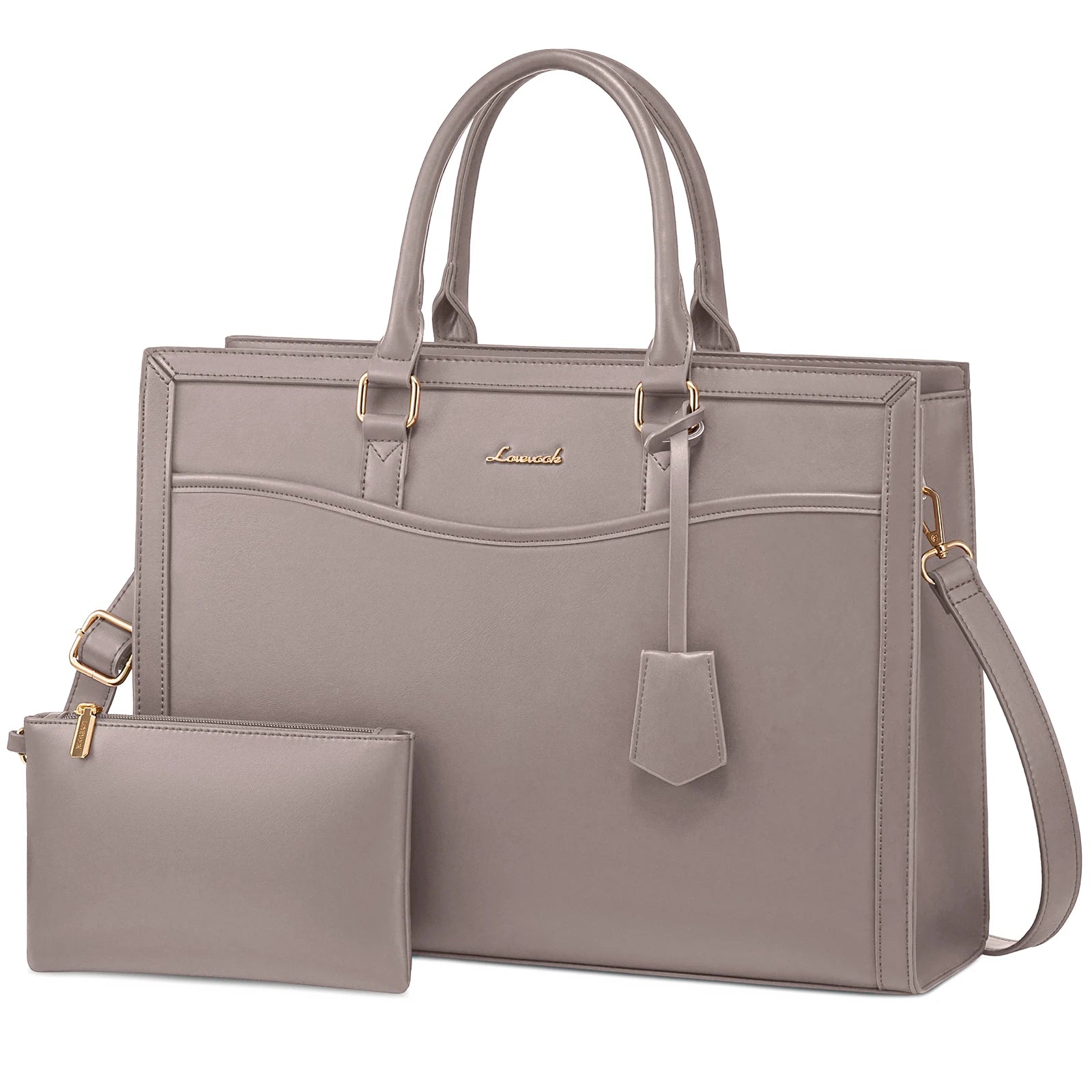 Grey LOVEVOOK designer laptop tote bag for women with matching pouch, structured faux leather, and gold hardware.