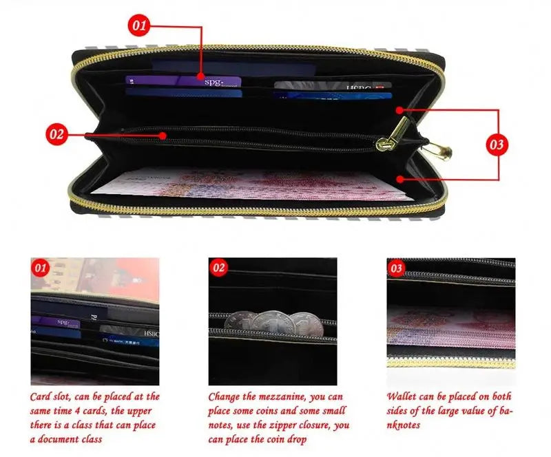 Open black PU leather wallet with zipper closure, tribal print exterior, card slots, and coin compartment. Trunks.