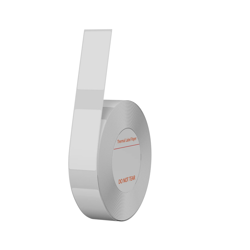 White thermal label sticker roll with a single gray printed label and red warning text