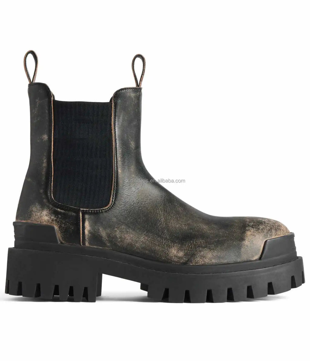 Extra Round Toe Worn-Out Effect Brown Distressed Bullskin Leather Dress Shoes Distressed Unisex Men Worn-out Strike Chelsea Boot