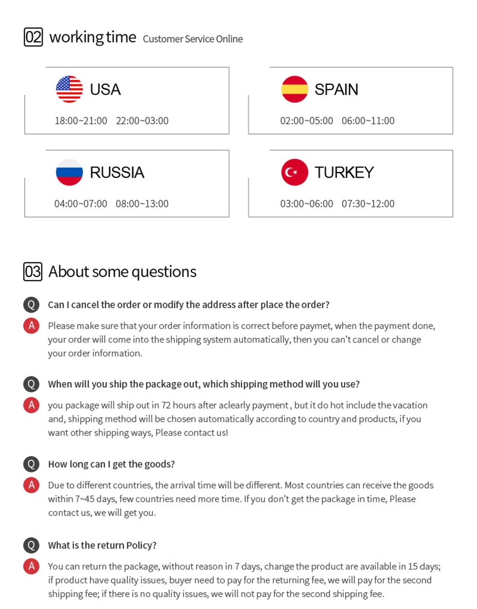 Customer service information listing online working hours for USA, Spain, Russia, and Turkey, plus an FAQ section.