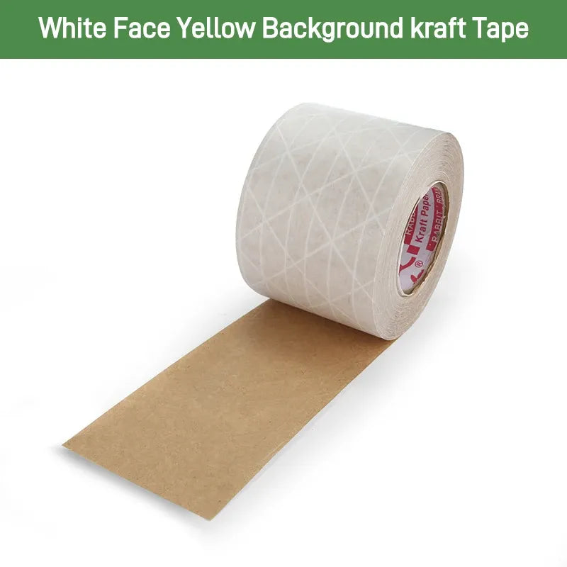 White-faced, brown-backed kraft paper tape roll with extended strip