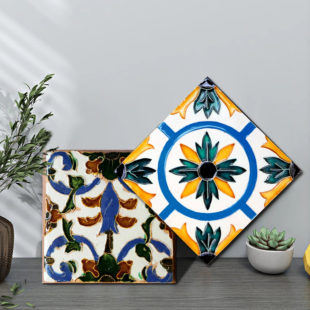 16pcs Retro Moroccan Style Tiles Kitchen Oil-poof & Waterproof Sticker Cupboard Bathroom Home Renovation Peel & Stick Wallpaper