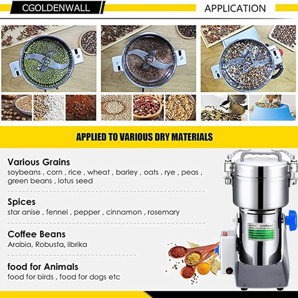 CGOLDENWALL stainless steel electric grain, spice, and coffee bean grinder machine for dry ingredients.