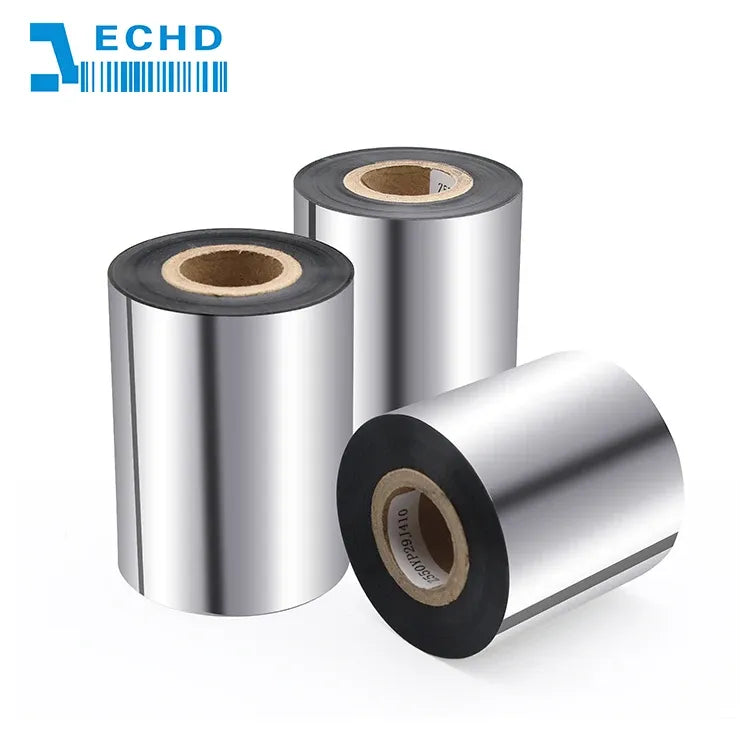 Three wax/resin barcode ribbon rolls, silver ribbon with black sides and brown cores