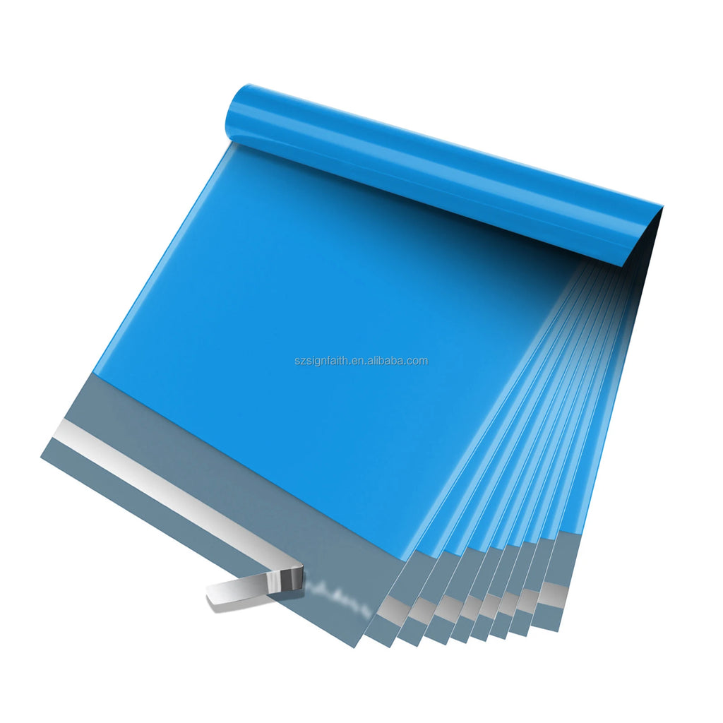 Blue poly mailer envelope, plain shipping bag with folded open end