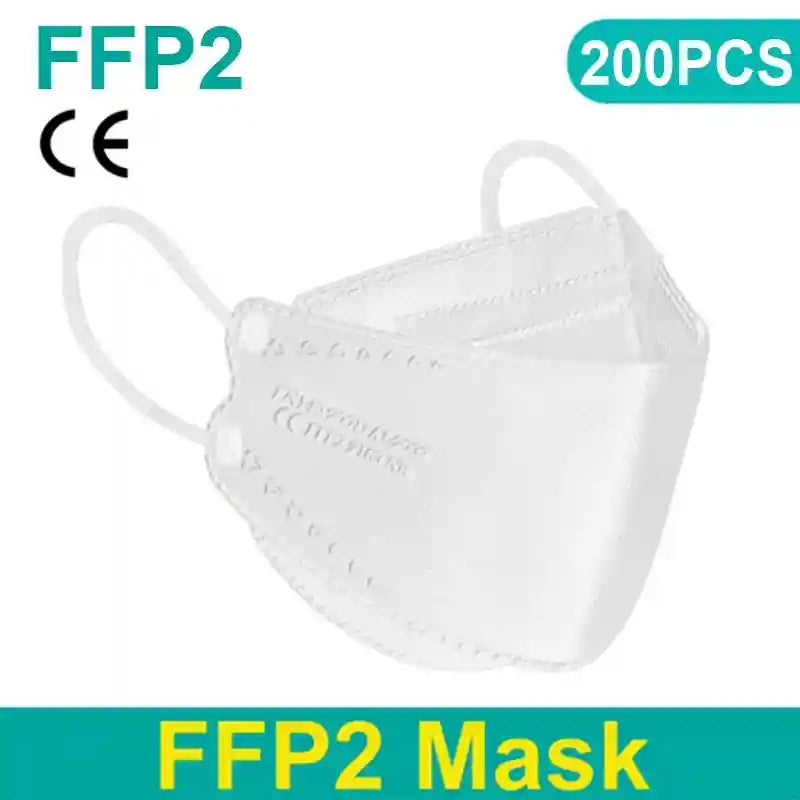 White 4-layer FFP2 KN95 respirator mask with ear loops and textured fabric finish for dust protection.
