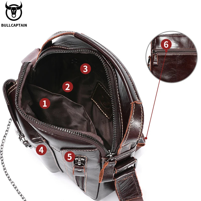 BULLCAPTAIN Genuine Cowhide Leather Men's Crossbody Bag - Vintage Top Layer Cow Leather Sling Bag, Single Shoulder Handbag