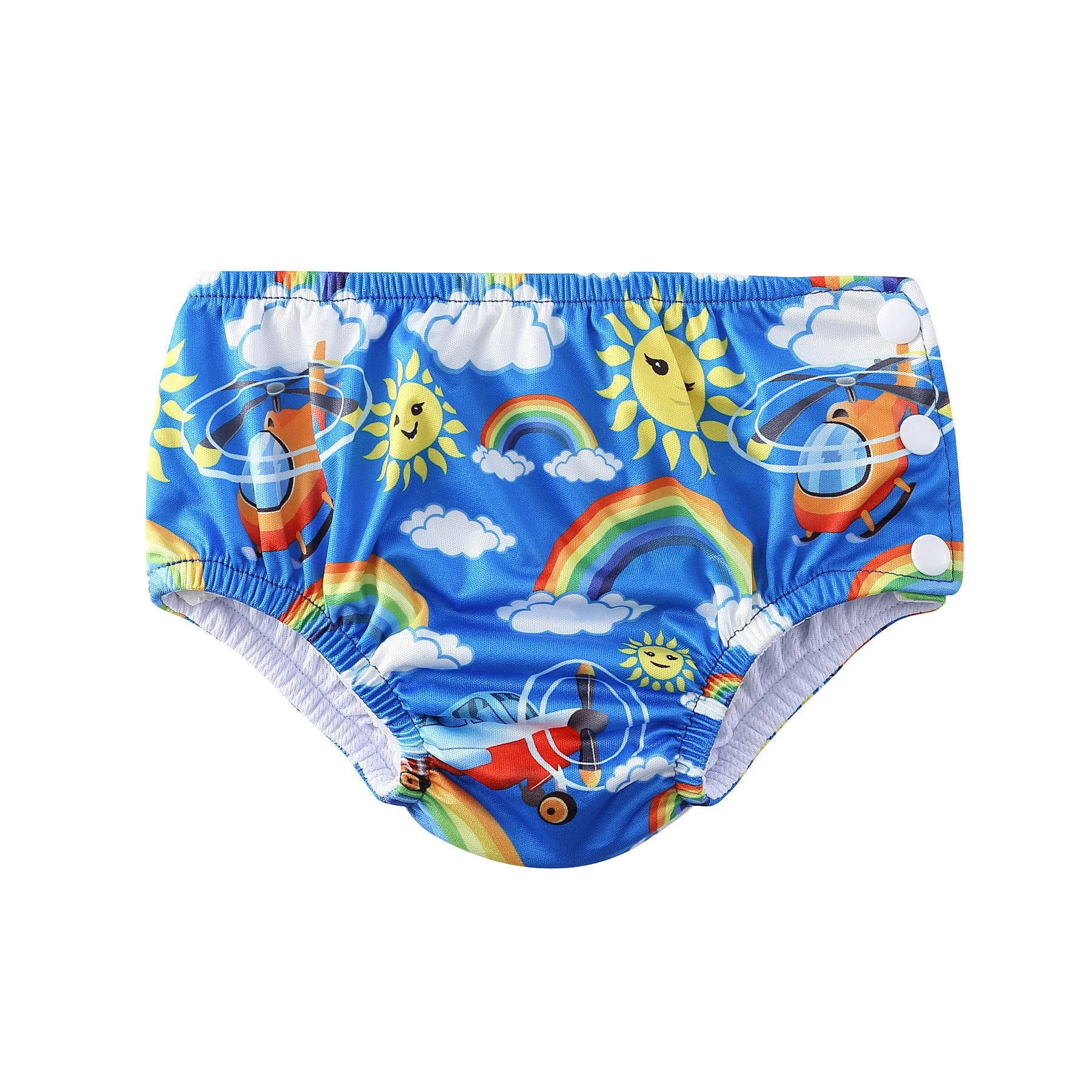 Reusable baby swim diaper in blue with helicopter, sun, and rainbow print, featuring adjustable side snap closures.