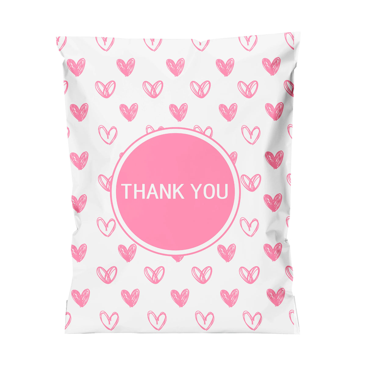 Pink heart-printed poly mailer bag with 'THANK YOU' round seal