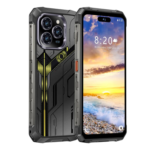Rugged 5G smartphone with triple rear cameras, black case, and front display at 8:20
